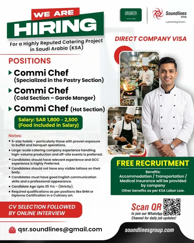 Saudi Arabia Catering Project Jobs 2026 – Free Recruitment for Commi Chef Vacancies