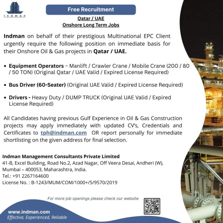Qatar / UAE Onshore Oil & Gas Jobs 2026 – Free Recruitment by Indman