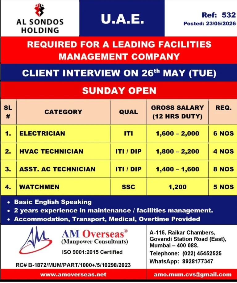 UAE Facilities Management Jobs 2026 – Client Interview on 26th May for Electricians, HVAC & Watchmen