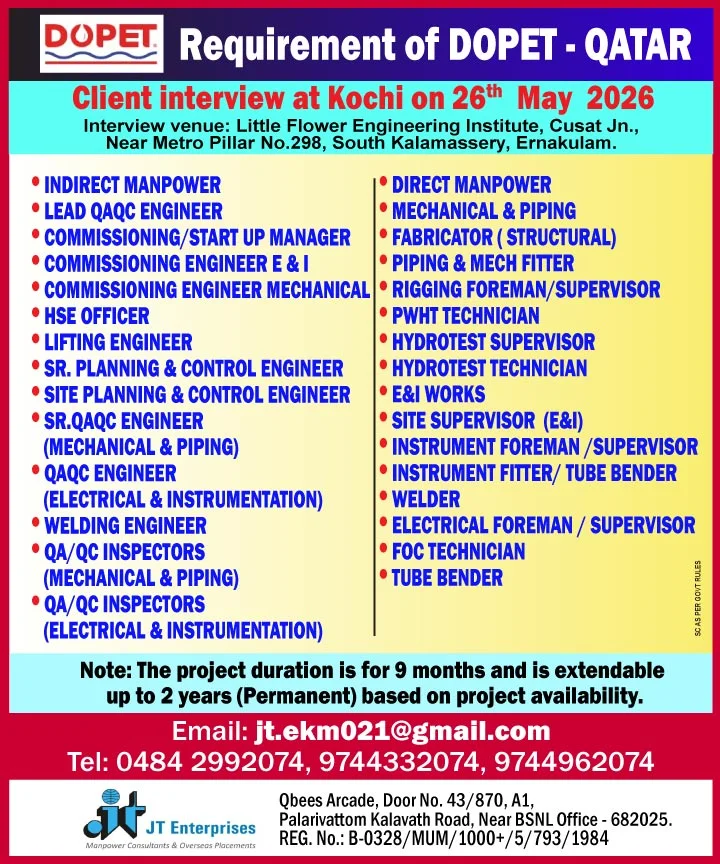 Qatar DOPET Jobs 2026 – Client Interview at Kochi on 26th May 2026