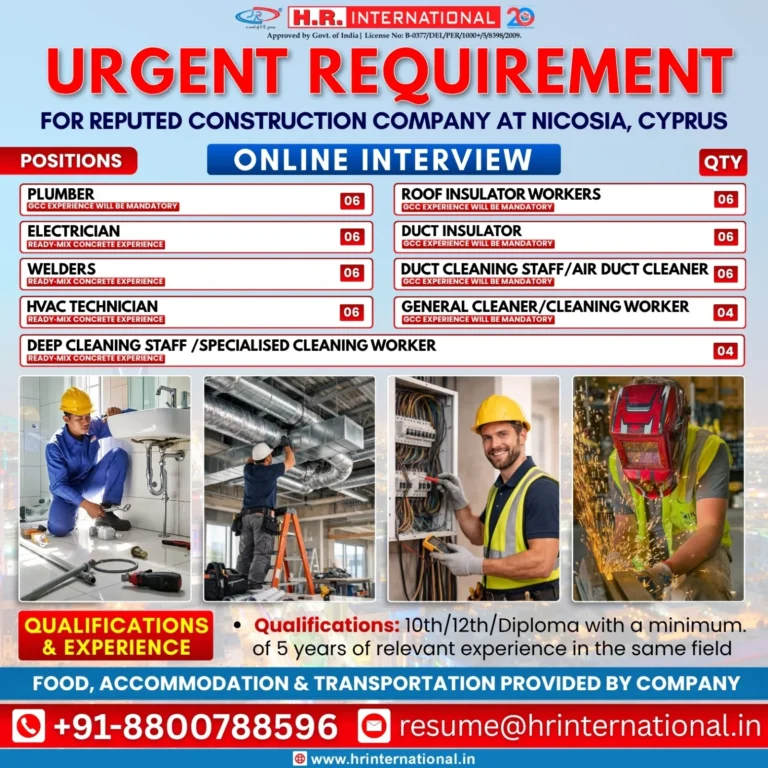 Cyprus Construction Company Jobs 2026 – Online Interview for Plumbers, Electricians, Welders & HVAC Technici