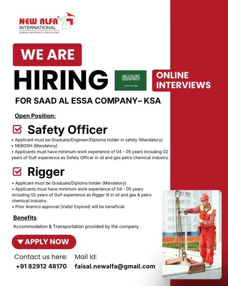 Saudi Arabia Safety Officer & Rigger Jobs 2026 – Online Interviews for Saad Al Essa Company KSA