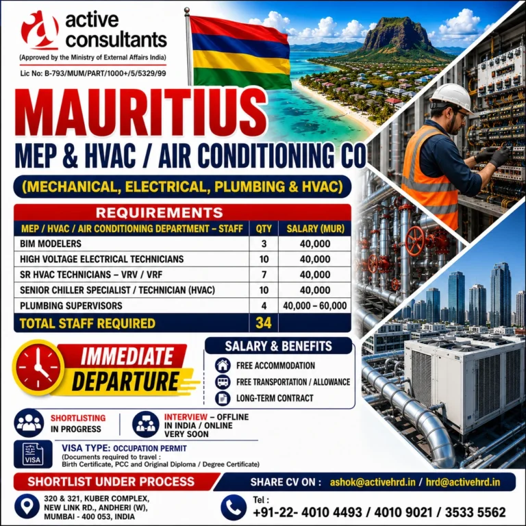 Mauritius MEP & HVAC Jobs 2026 – Immediate Departure | Apply