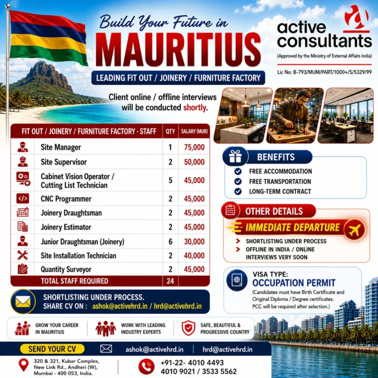 Mauritius Fit Out / Joinery / Furniture Factory Jobs 2026 – Immediate Departure Opportunities