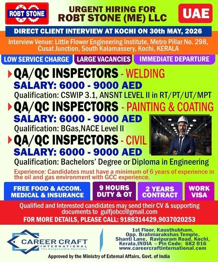 UAE Jobs 2026 – ROBT STONE (ME) LLC Hiring QA/QC Inspectors | Direct Client Interview at Kochi