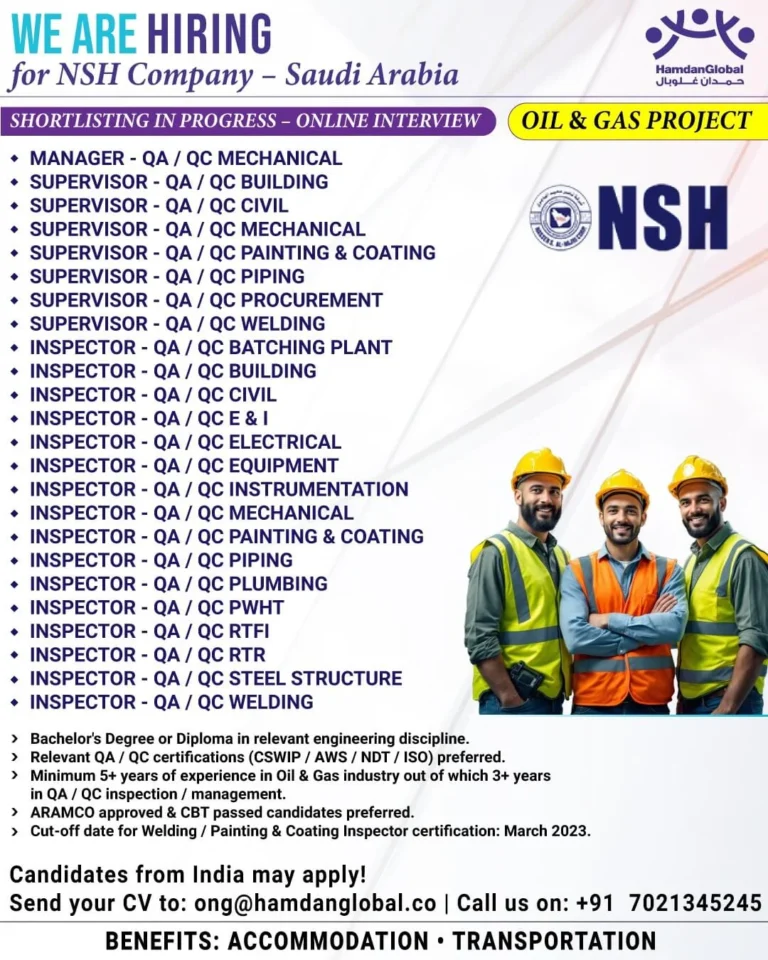 Saudi Arabia Oil & Gas Project Jobs 2026 – NSH Company Hiring QA/QC Professionals