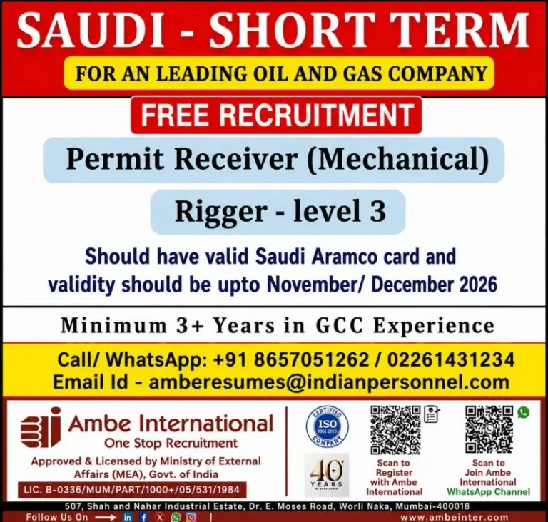 Saudi Short-Term Oil & Gas Jobs 2026 – Free Recruitment for Permit Receiver & Rigger Level 3