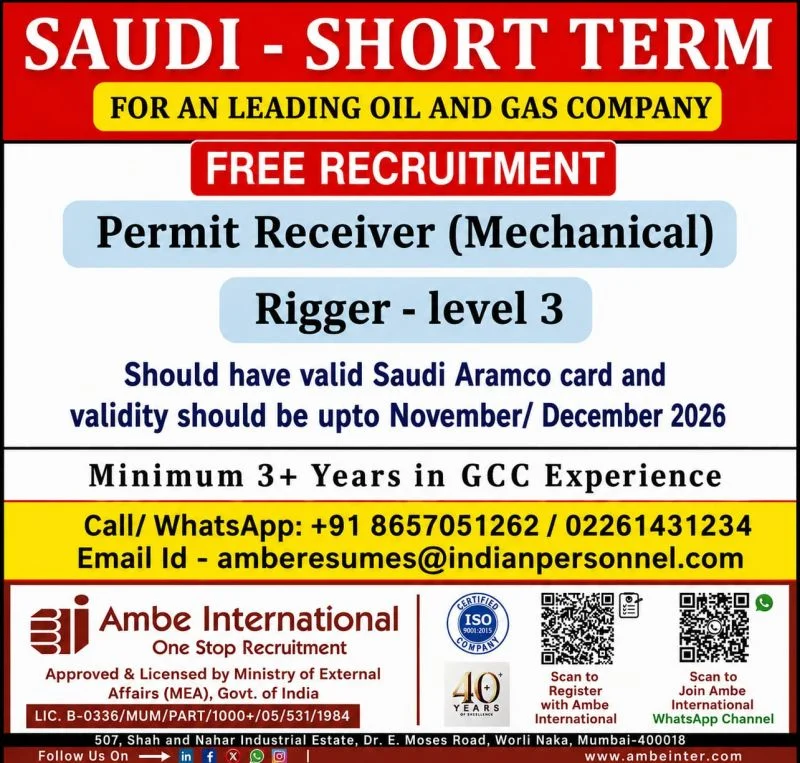 Saudi Short-Term Oil & Gas Jobs 2026 – Free Recruitment for Permit Receiver & Rigger Level 3