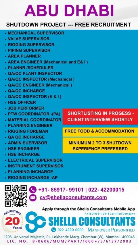 Abu Dhabi Shutdown Project Jobs 2026 – Free Recruitment | Client Interview Shortly