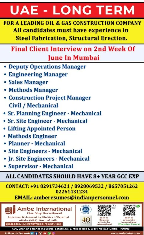 UAE Long-Term Oil & Gas Construction Jobs 2026 – Final Client Interview in Mumbai