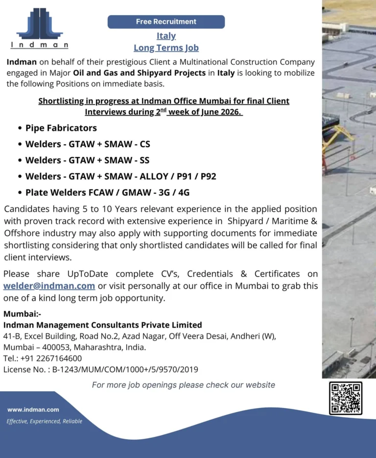 Italy Oil & Gas and Shipyard Jobs 2026 – Free Recruitment for Long-Term Projects