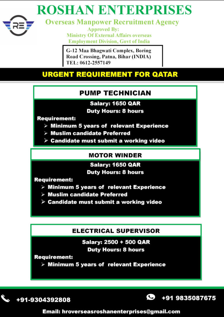 Qatar Urgent Requirement 2026 – Pump Technician, Motor Winder & Electrical Supervisor Jobs