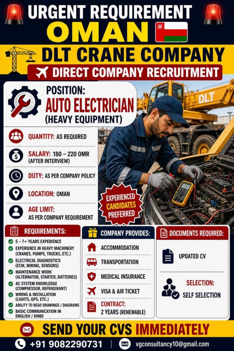 Oman DLT Crane Company Jobs 2026 – Auto Electrician Heavy Equipment Vacancies