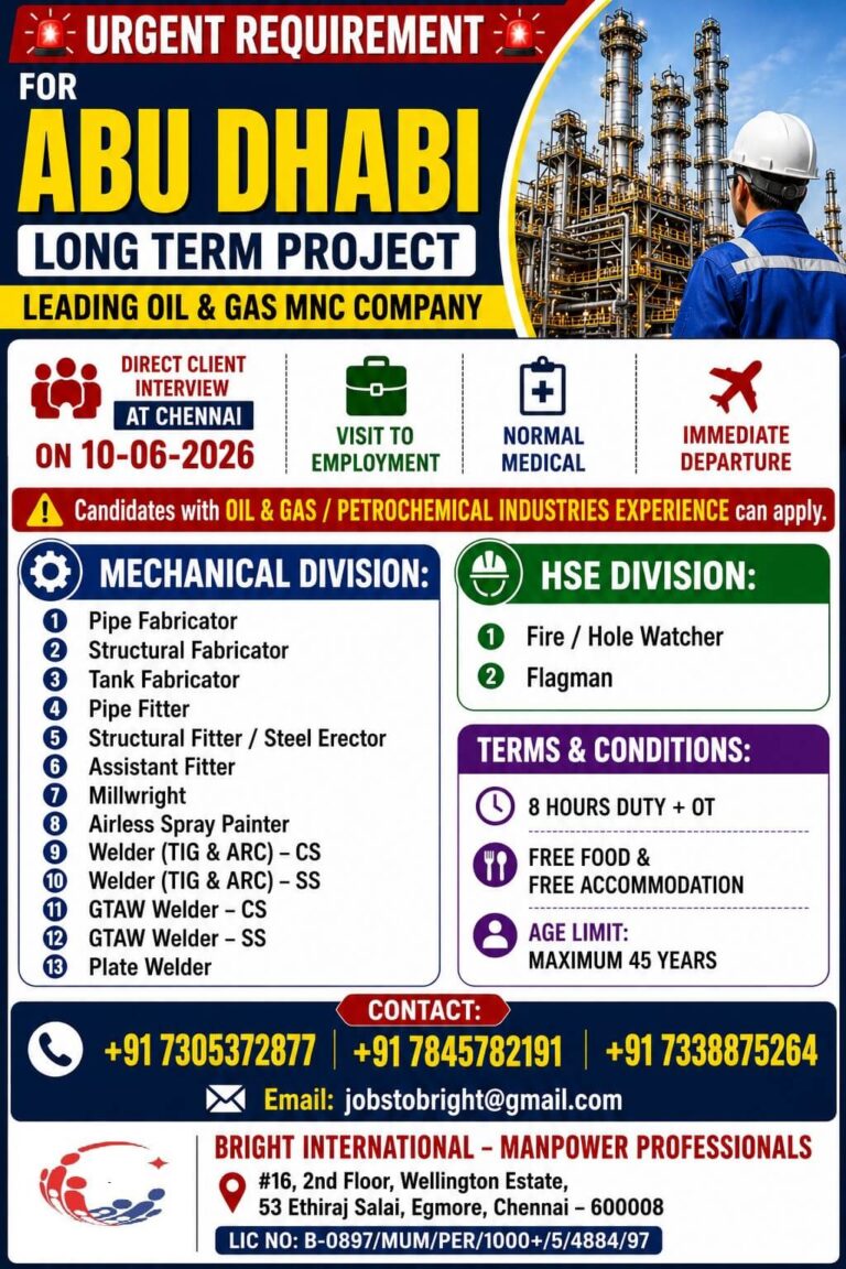 Abu Dhabi Oil & Gas Company Jobs 2026 – Direct Client Interview in Chennai