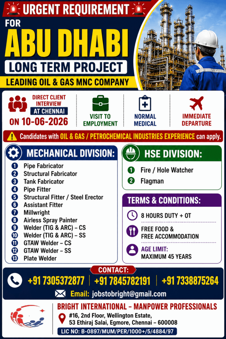 Abu Dhabi Oil & Gas MNC Company Jobs 2026 – Direct Client Interview in Chennai