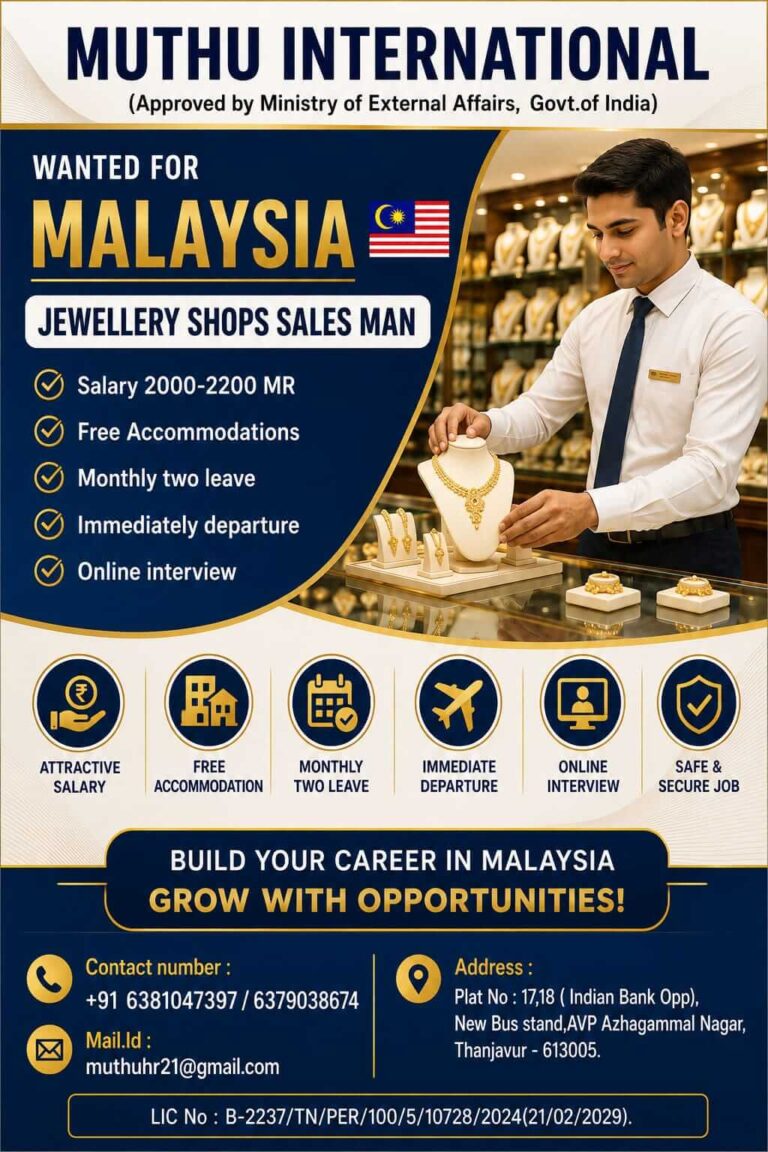 Malaysia Jewellery Shops Sales Man Jobs 2026 – Apply Now for Immediate Departure
