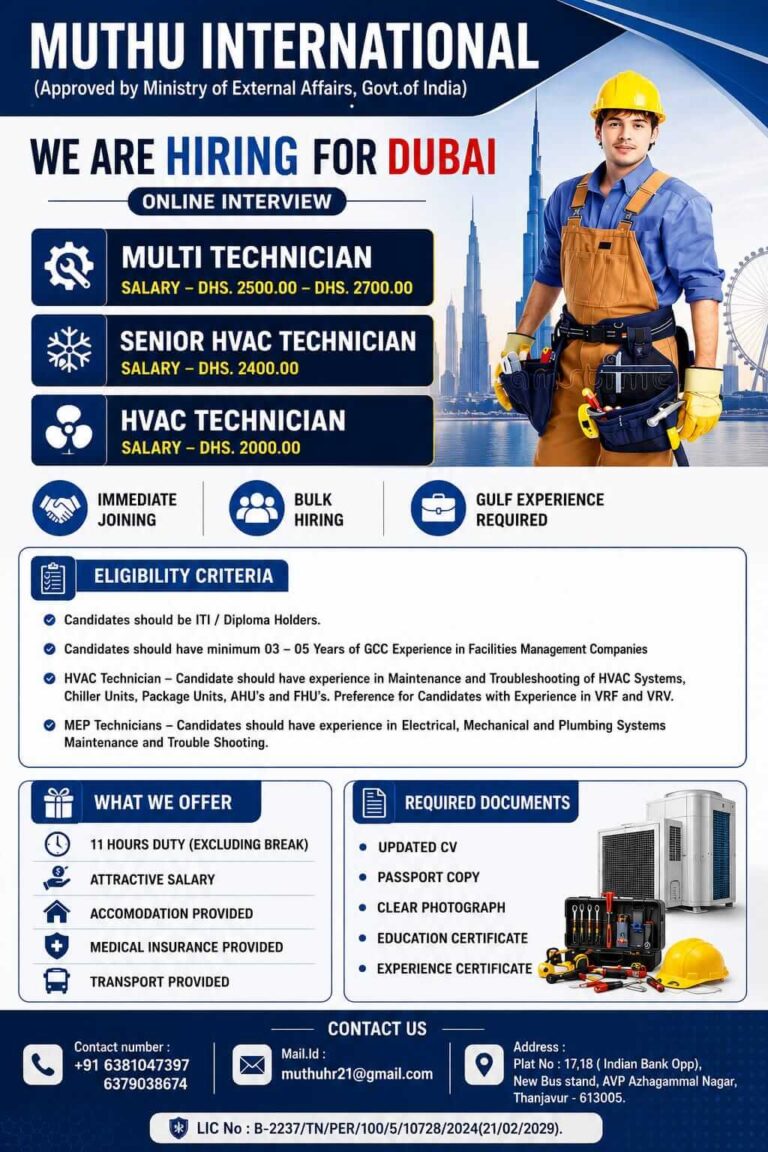 Dubai HVAC & Multi Technician Jobs 2026 – Online Interview | Apply Now