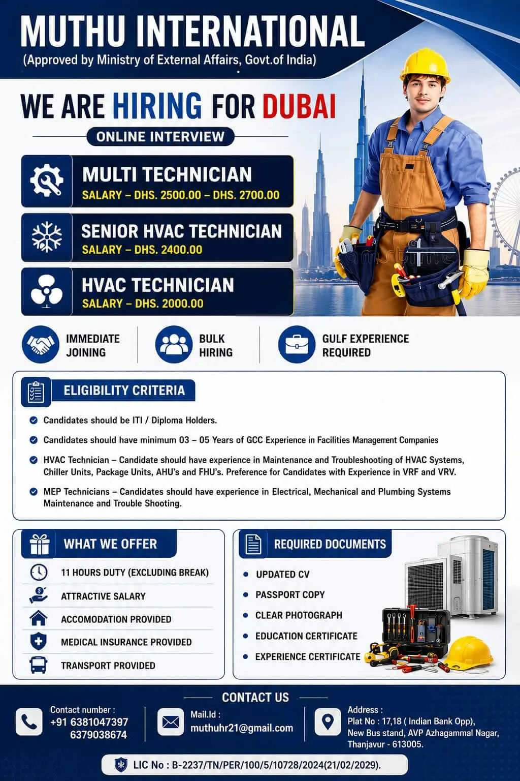 Dubai HVAC & Multi Technician Jobs 2026 – Online Interview | Apply Now