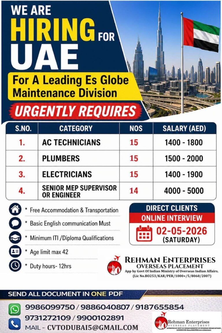 UAE Maintenance Jobs 2026 – Urgent Hiring for ES Globe Division