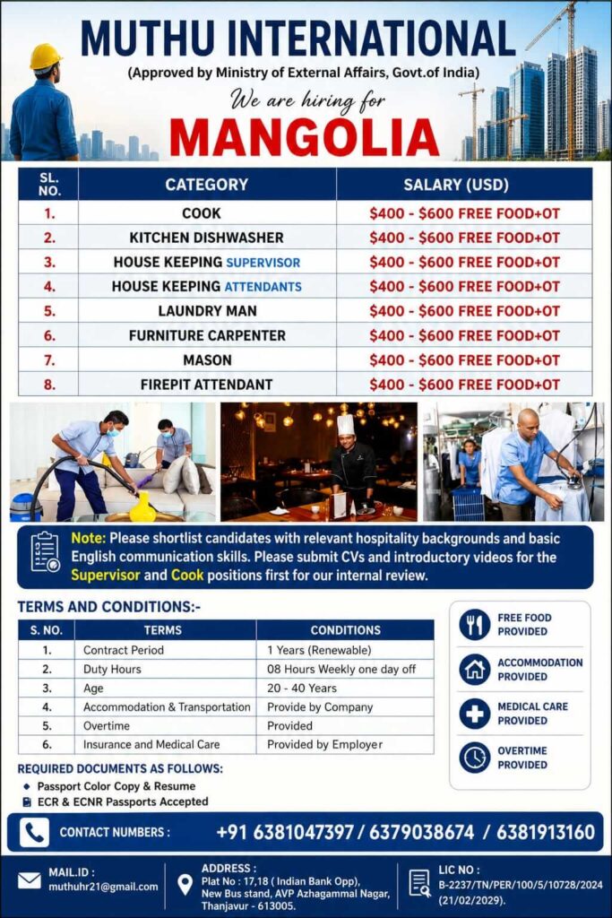 Latest Mongolia Hospitality Jobs 2026 – Immediate Hiring