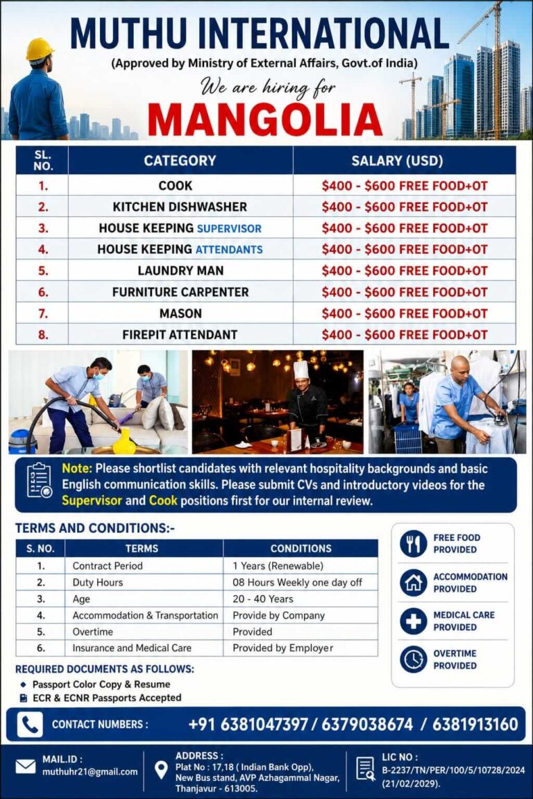 Latest Mongolia Hospitality Jobs 2026 – Immediate Hiring