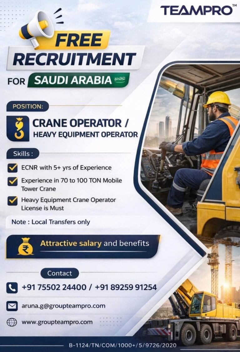 Crane Operator Jobs Saudi Arabia 2026 – Free Recruitment