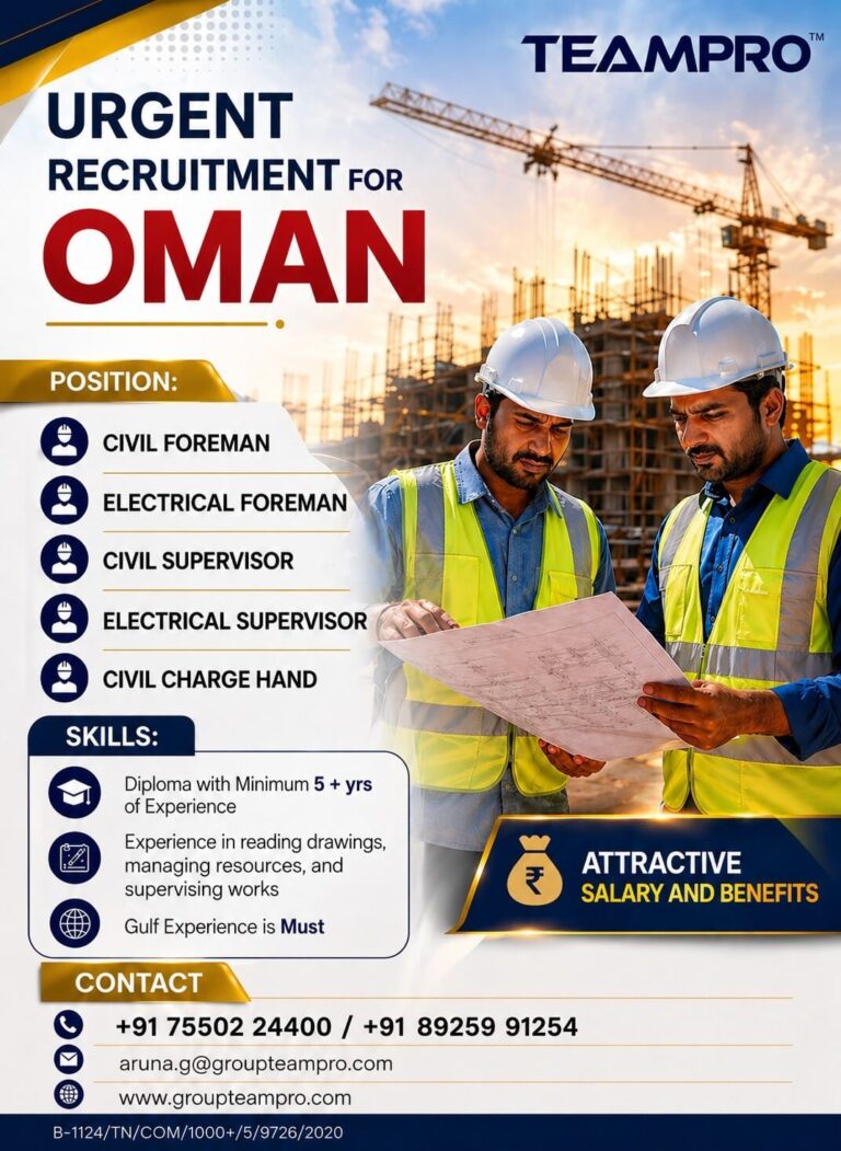 Oman Foreman Jobs 2026 – Urgent Recruitment for Civil & Electrical Roles