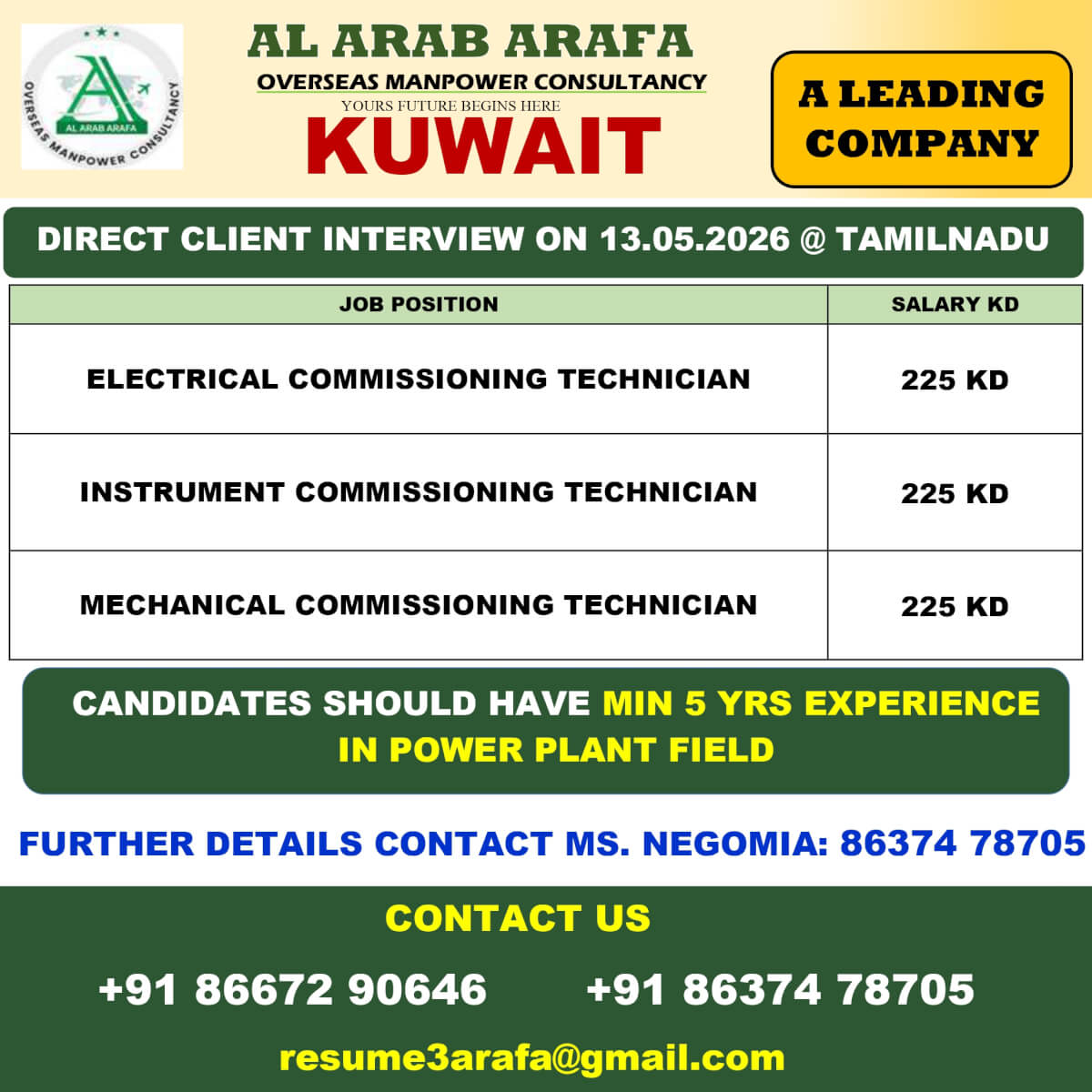 Kuwait Commissioning Technician Jobs 2026 – Direct Client Interview in Tamil Nadu