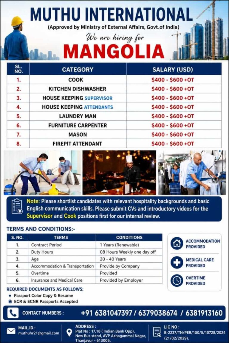 Mongolia Hospitality Jobs 2026 – Latest Overseas Opportunity