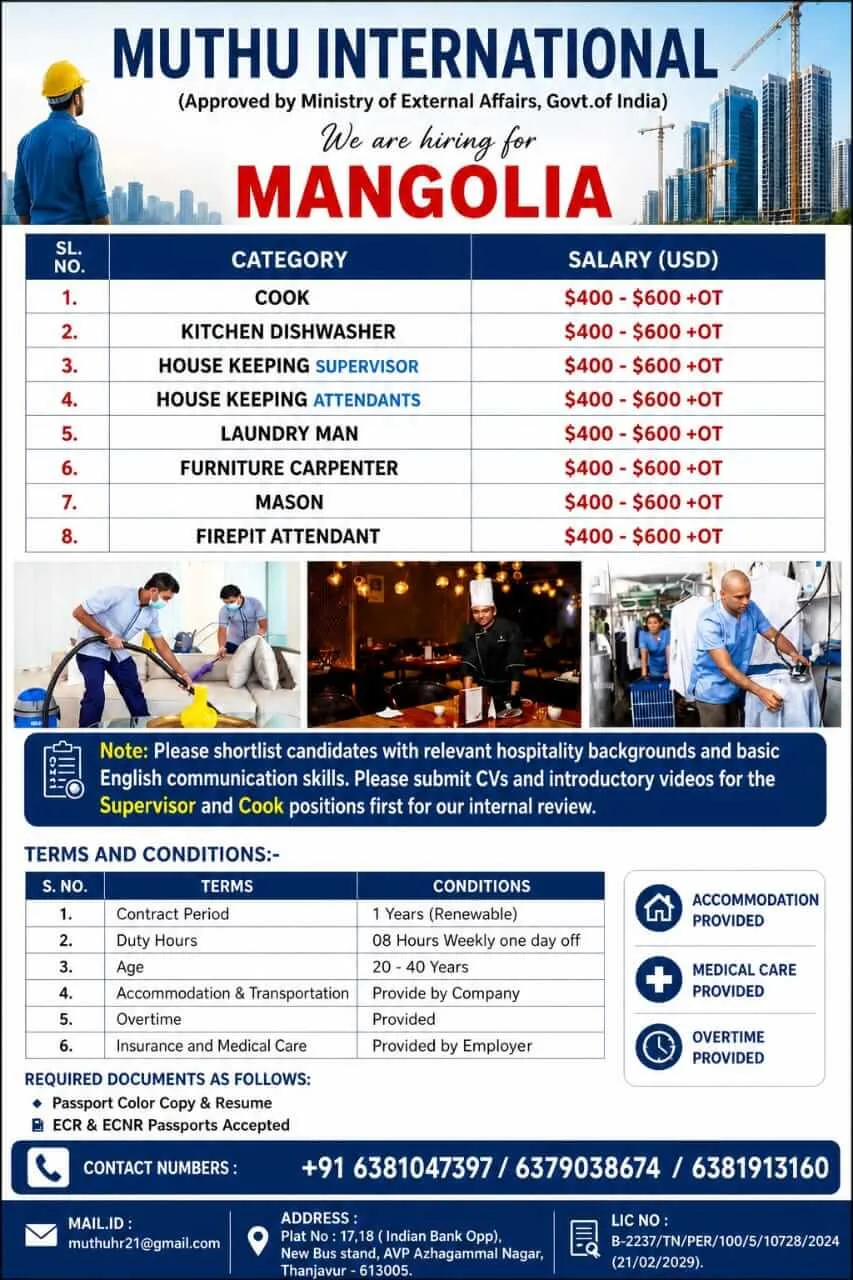Mongolia Hospitality Jobs 2026 – Latest Overseas Opportunity
