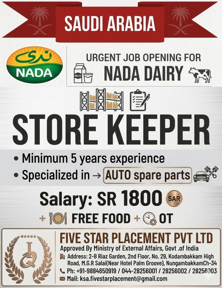 Latest Store Keeper Job Vacancy in Saudi Arabia