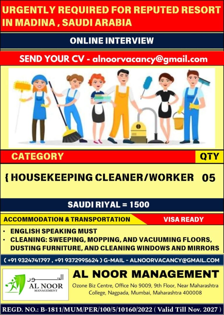 Urgent Housekeeping Jobs in Madina Saudi Arabia 2026 – Apply Now