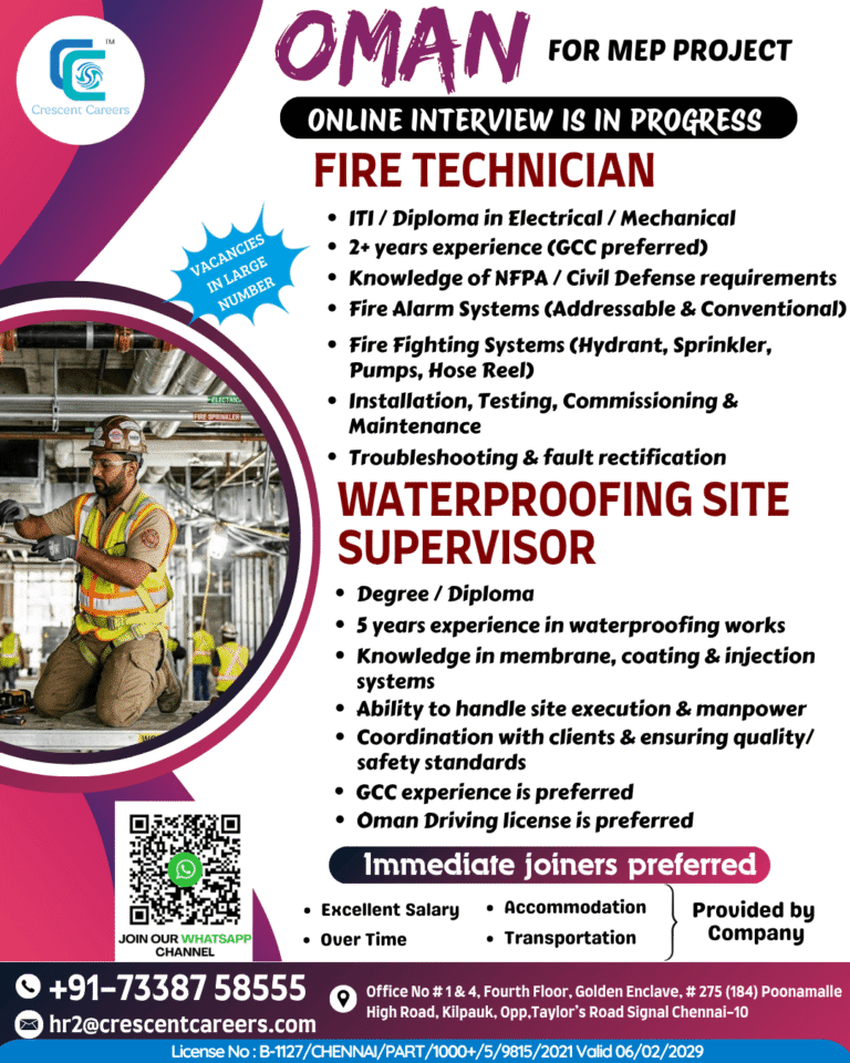 Oman MEP Jobs 2026 – Fire Technician & Waterproofing Supervisor Recruitment