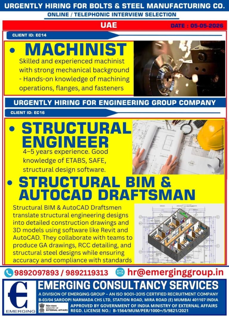 UAE Machinist & Structural Engineer Jobs 2026 – Apply Now