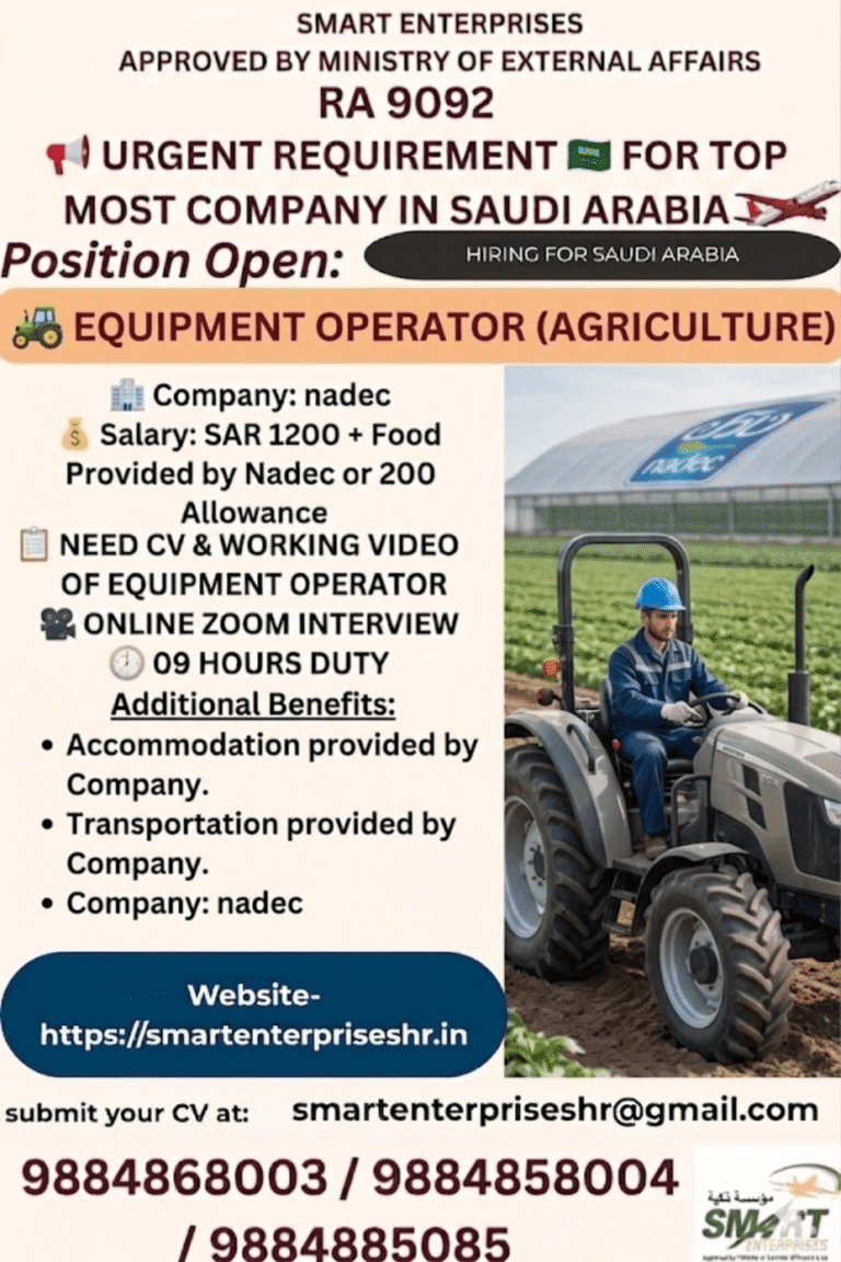 Saudi Arabia Agriculture Equipment Operator Jobs 2026 – NADEC Company Hiring Now