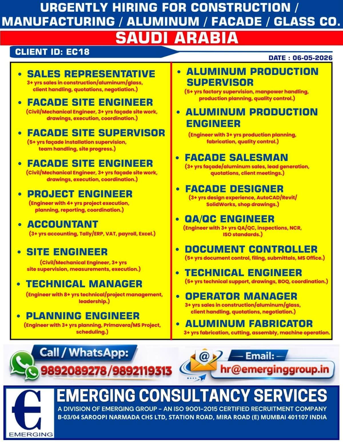 Saudi Arabia Construction & Aluminum Company Jobs 2026 – Apply Now