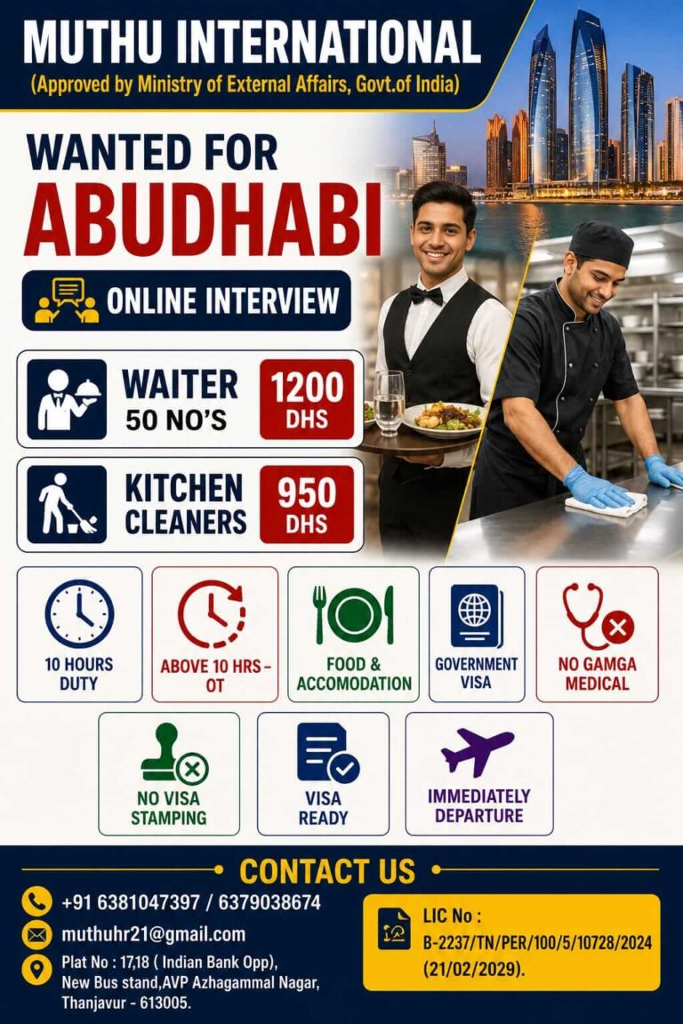 Abu Dhabi Hotel Jobs 2026 – Waiter & Kitchen Cleaner Vacancies | Online Interview