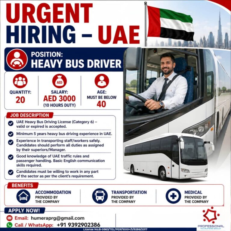 UAE Heavy Bus Driver Jobs 2026 – Urgent Hiring for 20 Vacancies | Salary AED 3000