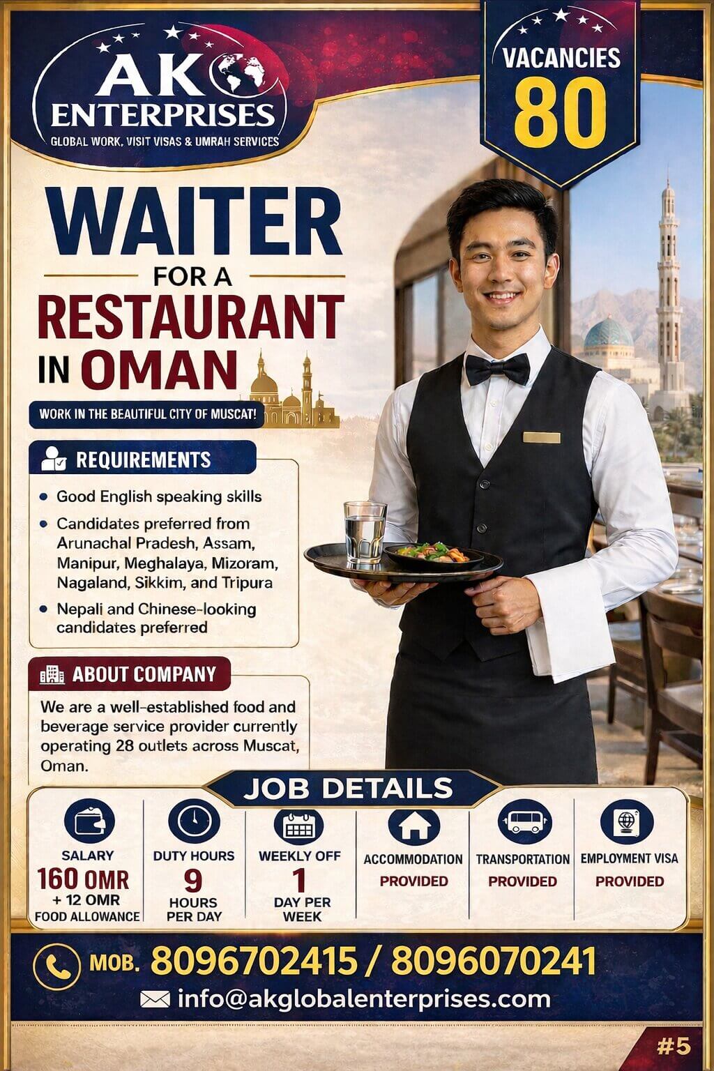 Oman Waiter Jobs 2026 – Restaurant Vacancies in Muscat