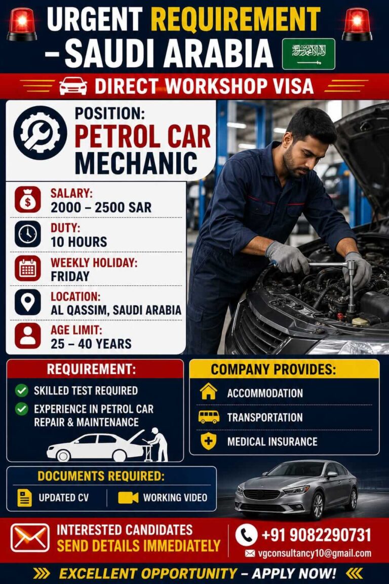 Saudi Arabia Petrol Car Mechanic Jobs 2026 – Direct Workshop Visa | Apply Now