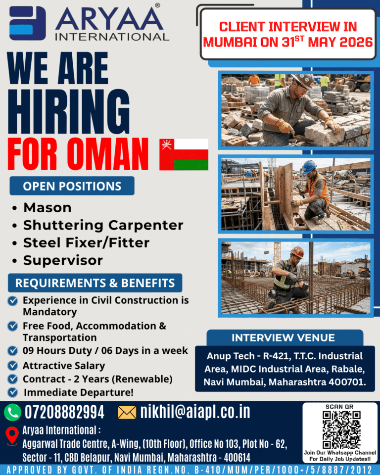 Oman Civil Construction Jobs 2026 – Client Interview in Mumbai on 31st May