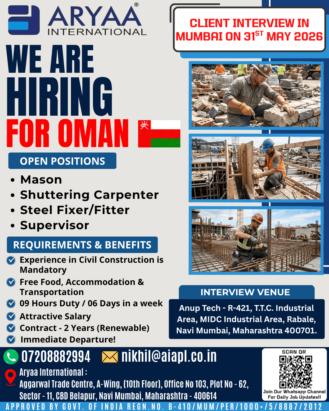 Oman Civil Construction Jobs 2026 – Client Interview in Mumbai on 31st May