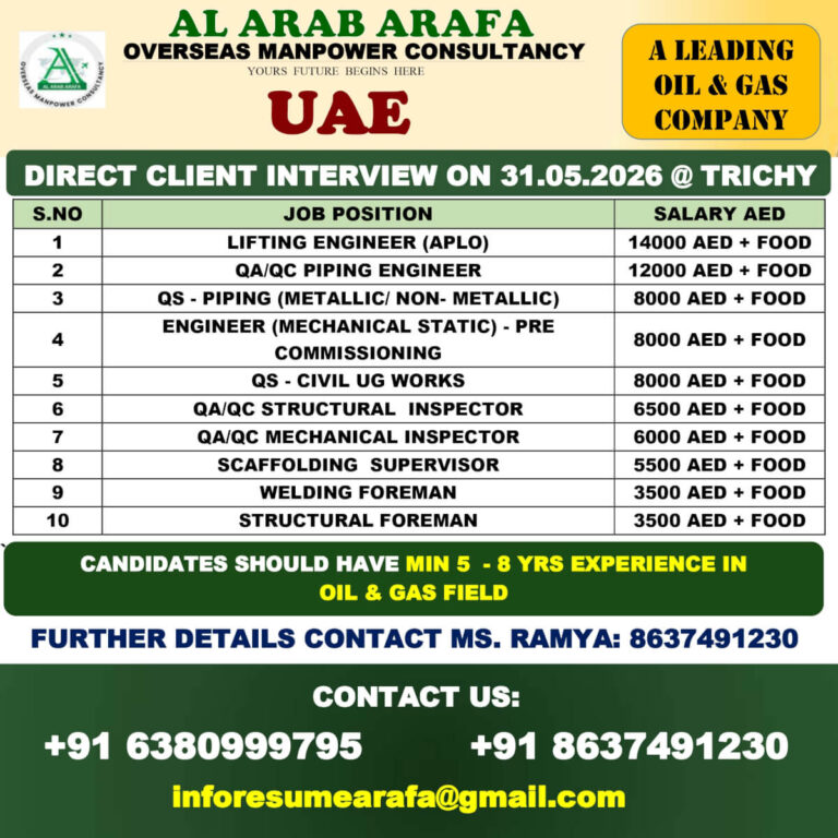 UAE Oil & Gas Company Jobs 2026 – Direct Client Interview at Trichy
