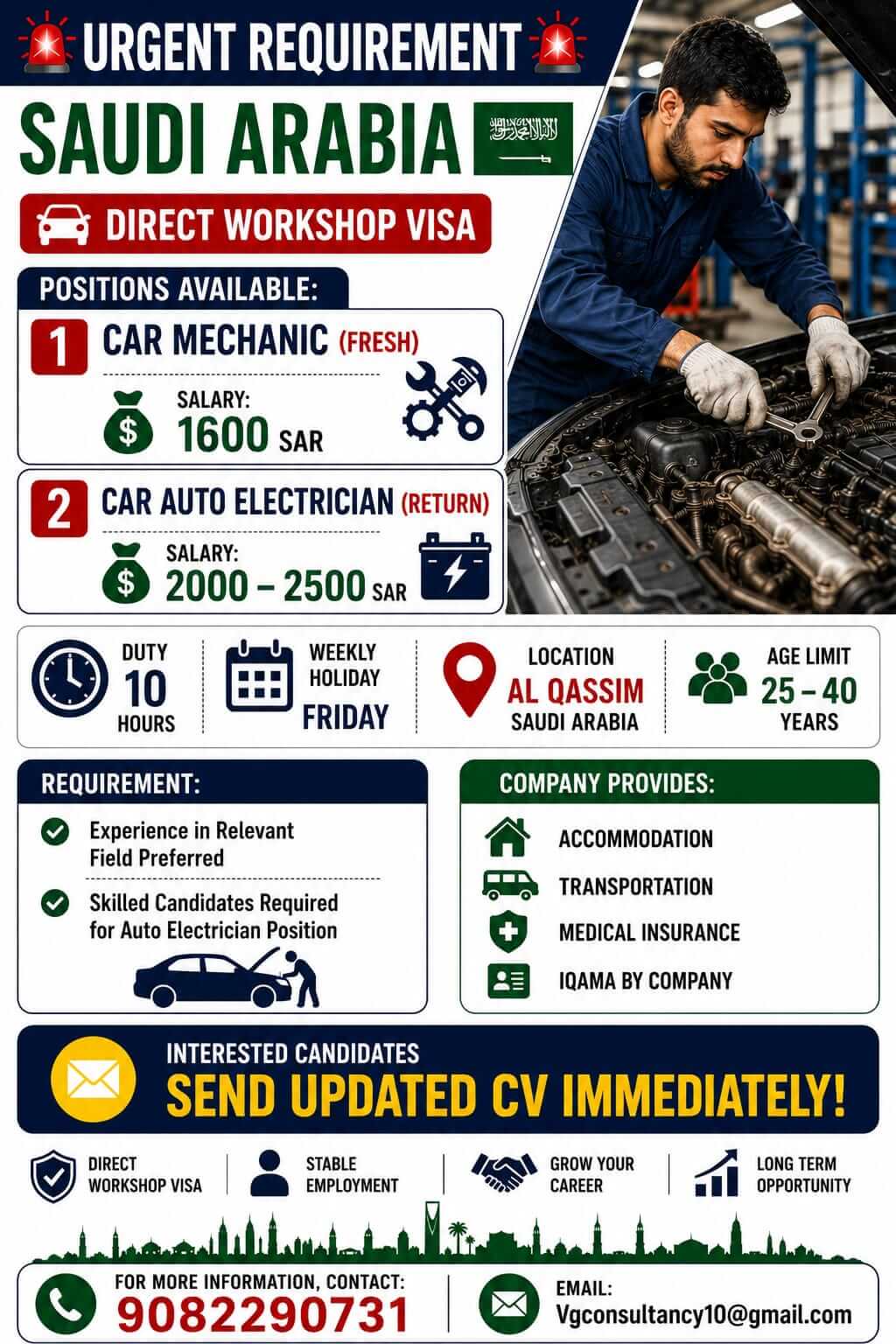 Saudi Arabia Direct Workshop Visa Jobs 2026 – Car Mechanic & Auto Electrician Vacancies in Al Qassim