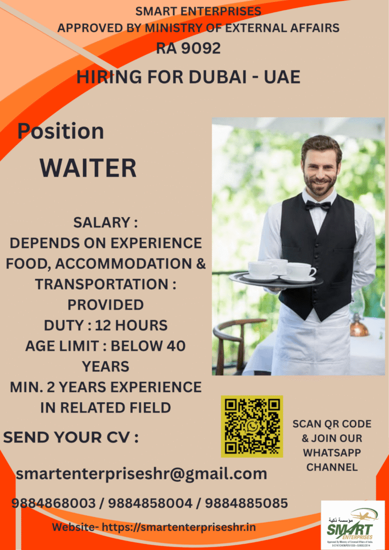 Waiter Jobs in Dubai UAE 2026 – Free Food, Accommodation & Transportation