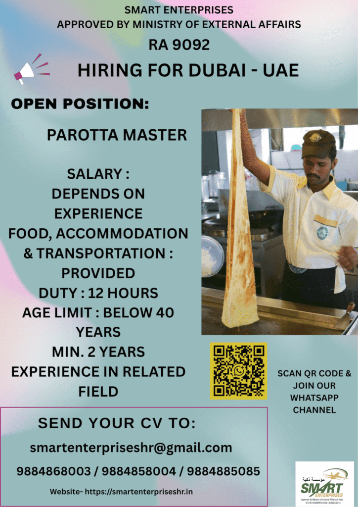 Dubai Parotta Master Jobs 2026 – Free Food, Accommodation & Transportation