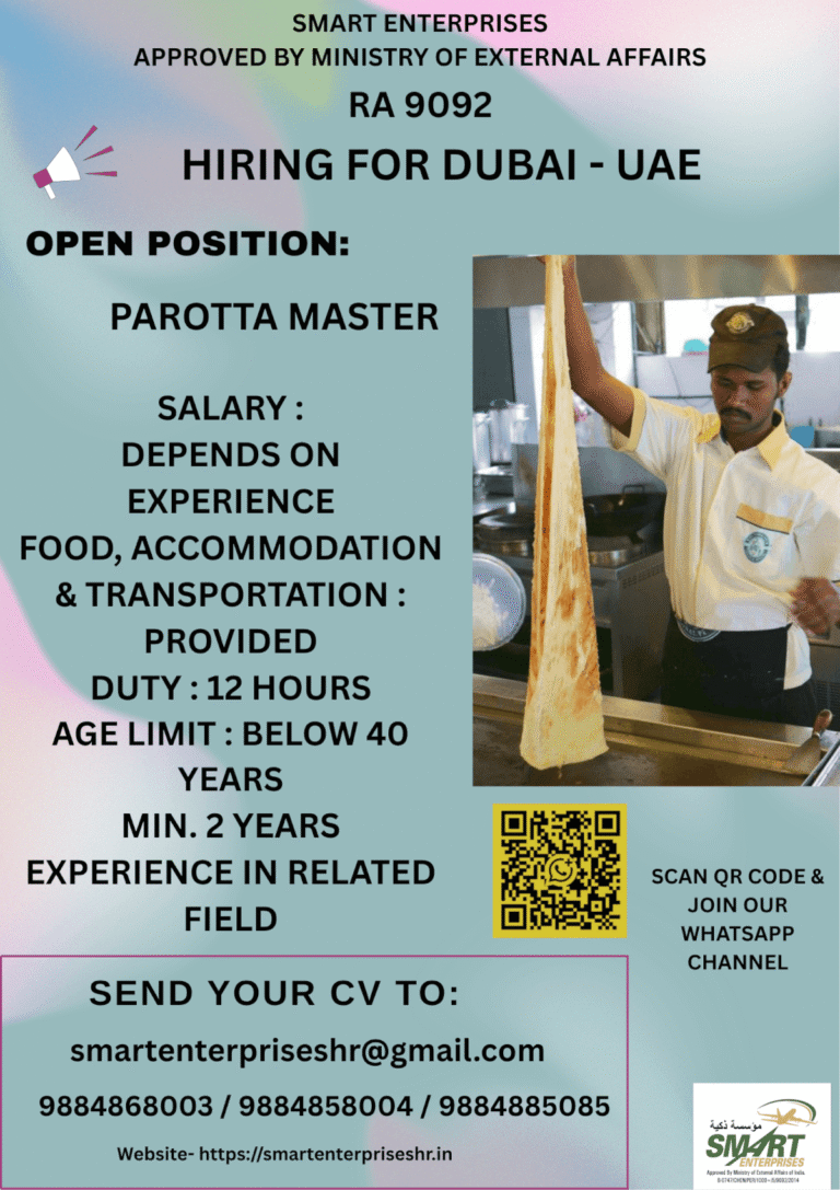 Dubai Parotta Master Jobs 2026 – Free Food, Accommodation & Transportation