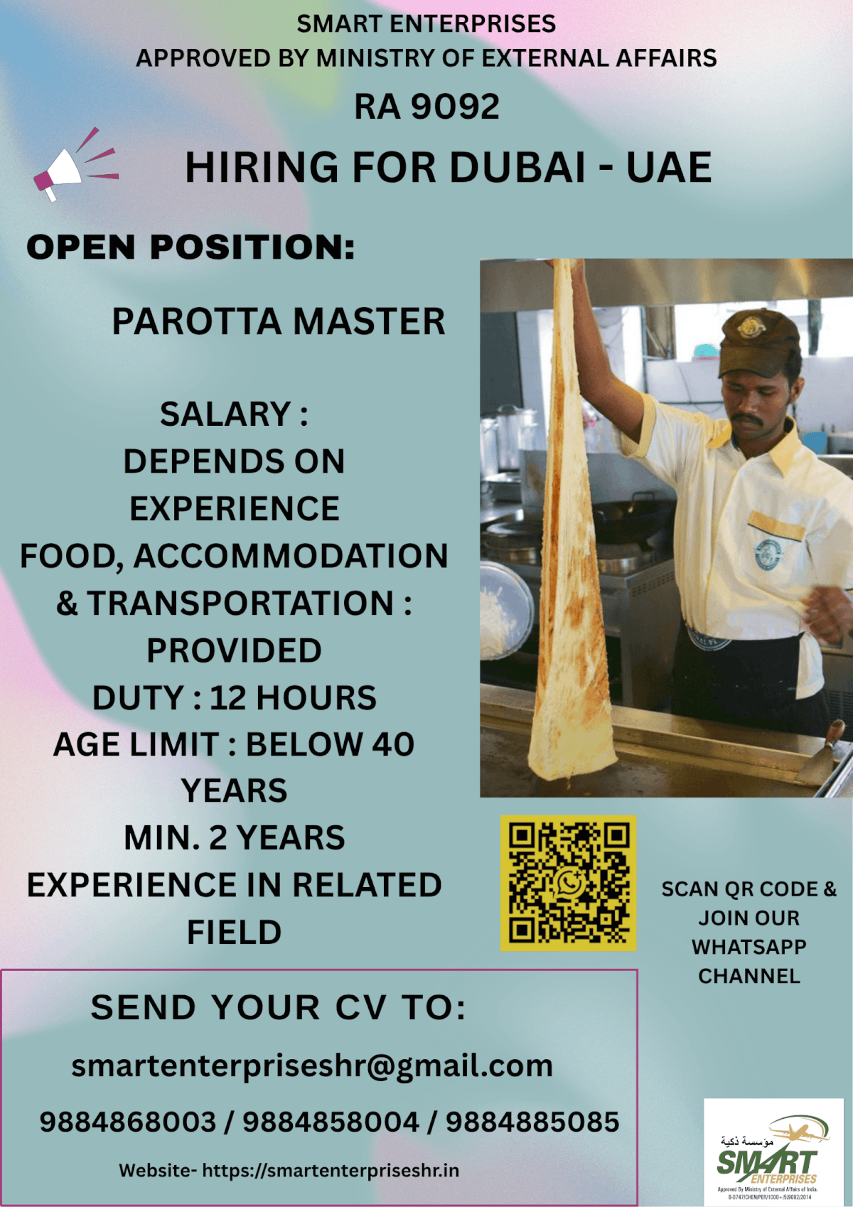 Dubai Parotta Master Jobs 2026 – Free Food, Accommodation & Transportation