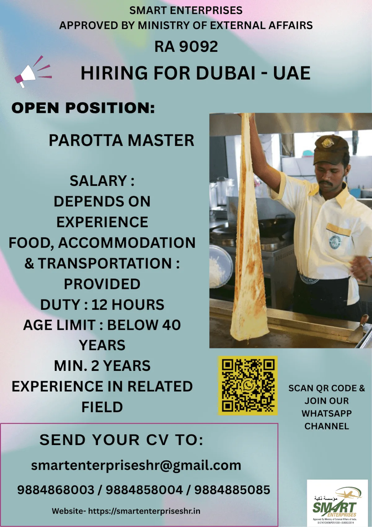 Dubai Parotta Master Jobs 2026 – Free Food, Accommodation & Transportation