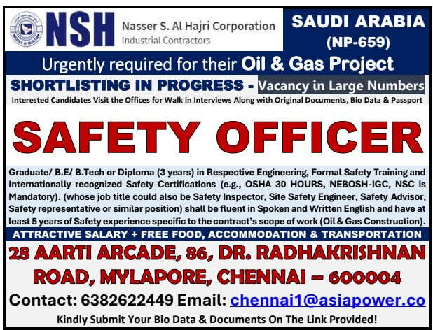Safety Officer Jobs in Saudi Arabia 2026 – NSH Oil & Gas Project Recruitment